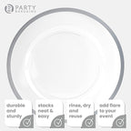 PARTY BARGAINS 13-Inch Charger Plates - 96 Pack, Clear Silver Rim, Heavy-Duty Disposable Chargers for Elegant Dining - Ideal for Weddings and Formal Events