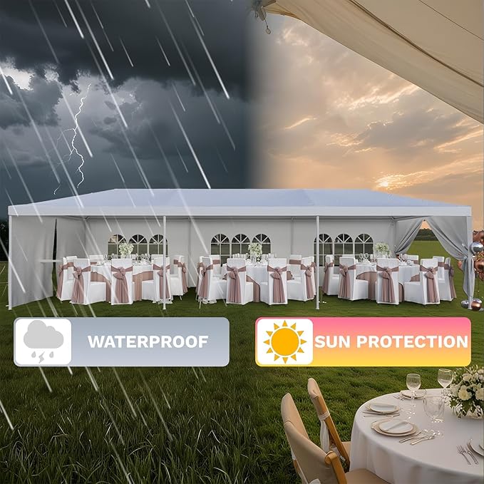 Flamaker 10'x30' Heavy Duty Waterproof Party Tent – Large Outdoor Gazebo with Removable Sidewalls & 2 Doors for Weddings, Markets & Gatherings (White)