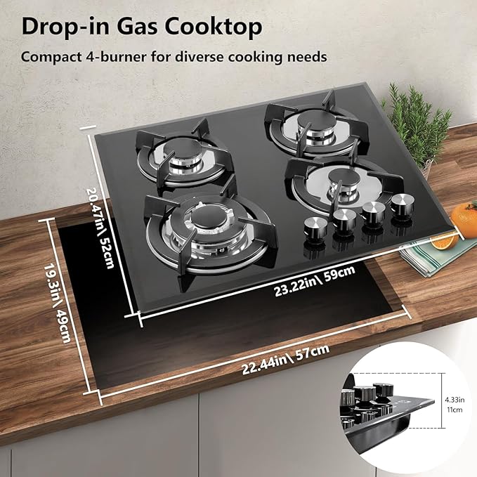 Gas Stove Top 4 Burner, Propane Gas Cooktop, LPG/NG Dual Fuel Convertible Stove Top with Thermocouple Protection, Built-in/Countertop