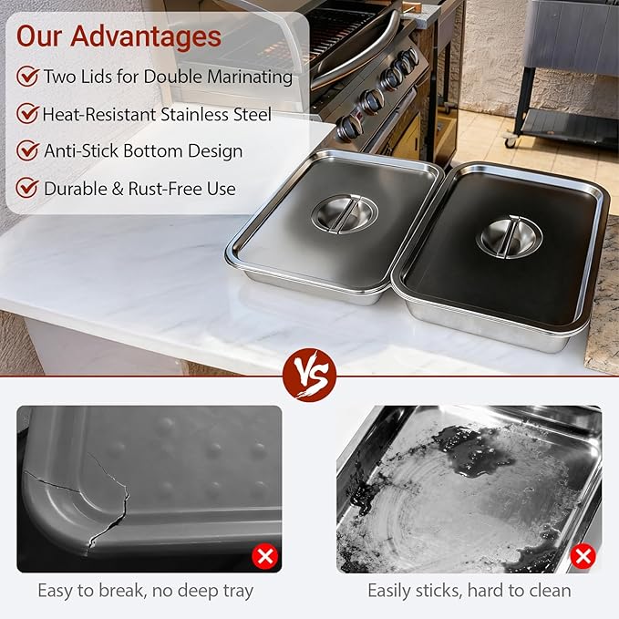 Stainless Steel Grill Prep & Serve Tray Set with Lids – Grill Carry System for Large Food Prep, Marinating Containers, Oven Roasting, and Serving (Grill Prep & Serve Tray Set #1)