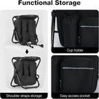 Portable Backpack Stool Cooler Chair for Adults, Folding Large 3 in 1 Multifunction Insulated Camping Seat Backpack Cooler Chair Heavy Duty 350lbs for Fishing Hunting, Black