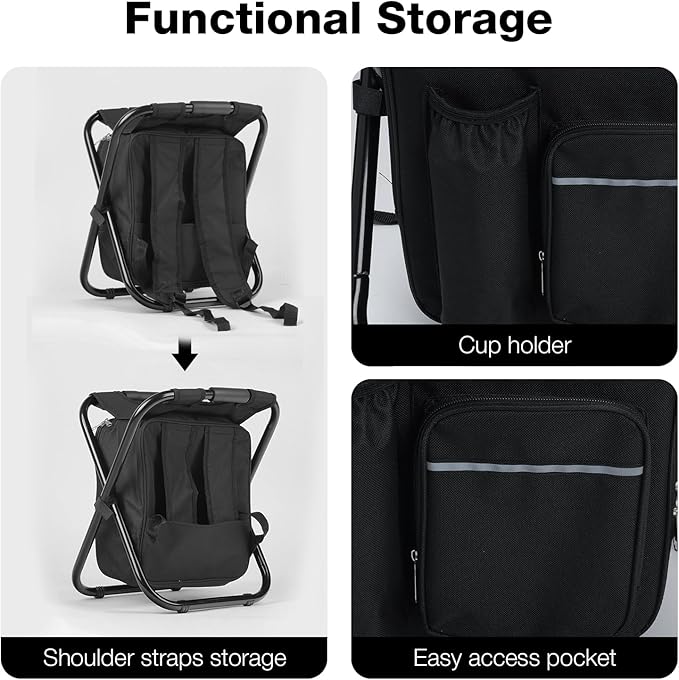 Portable Backpack Stool Cooler Chair for Adults, Folding Large 3 in 1 Multifunction Insulated Camping Seat Backpack Cooler Chair Heavy Duty 350lbs for Fishing Hunting, Black