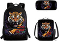 Tiger and Roses Printing 3 Pcs Boys Backpack Set, Matching Large Capacity Lunch Box and Dirt-resistant Pencil Case for Elementary School Students Travel Activities Outdoor