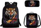 Tiger and Roses Printing 3 Pcs Boys Backpack Set, Matching Large Capacity Lunch Box and Dirt-resistant Pencil Case for Elementary School Students Travel Activities Outdoor