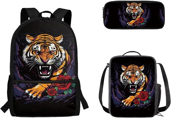 Tiger and Roses Printing 3 Pcs Boys Backpack Set, Matching Large Capacity Lunch Box and Dirt-resistant Pencil Case for Elementary School Students Travel Activities Outdoor