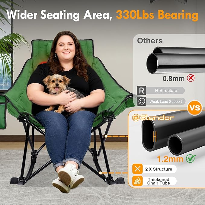 Slendor Oversized Heated Camping Chair, Folding Heated Rocking Chair with Padded Pillow, 3 Adjustable Heat Settings Portable Camp Chair for Outdoor & Indoor Use, NO Power Bank,Green