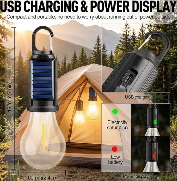 4 Packs LED Camping Lantern Rechargeable, Portable Outdoor Waterproof Emergency Lanterns with 3 Modes, Hanging Tent Light Bulbs with Clip Hook for Camping, Hiking, Party, Hurricane, Outages