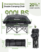Double Camping Chair Padded Loveseat Camping Couch, Oversized 2 Person Camp Chairs with 2 in 1 Carry Bag, Heavy Duty Folding Lawn Chair Sofa with Cup Holders for Adults Patio Backyard Beach, Gray