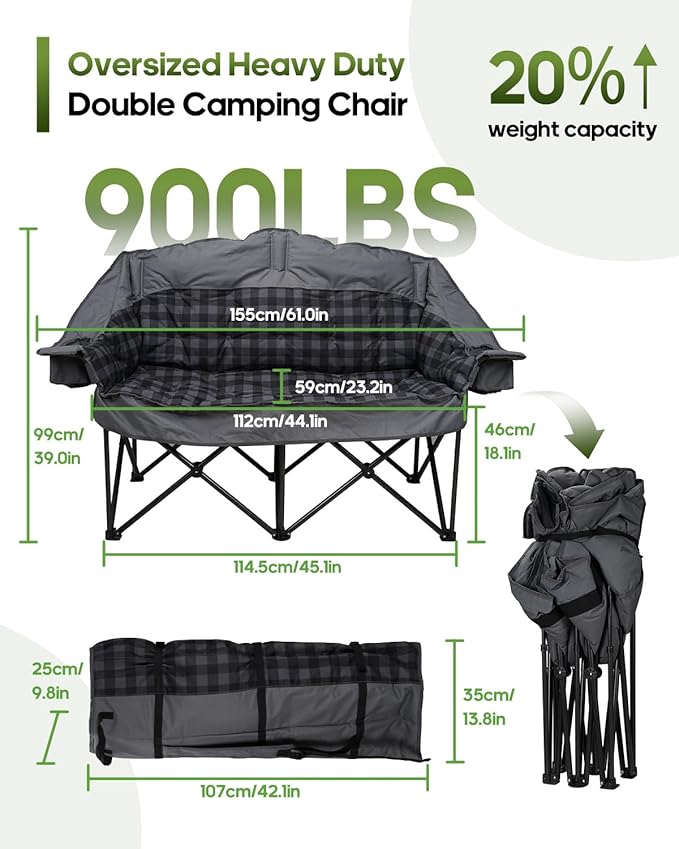 Double Camping Chair Padded Loveseat Camping Couch, Oversized 2 Person Camp Chairs with 2 in 1 Carry Bag, Heavy Duty Folding Lawn Chair Sofa with Cup Holders for Adults Patio Backyard Beach, Gray