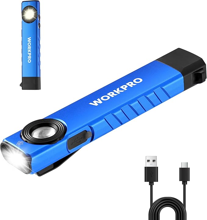 WORKPRO Rechargeable Work Light, 600 Lumens Flat Pocket Flashlight with UV Light, Magnetic Base & Clip, Slim LED EDC Flashlight for Garage, Camping, Home, and Emergencies