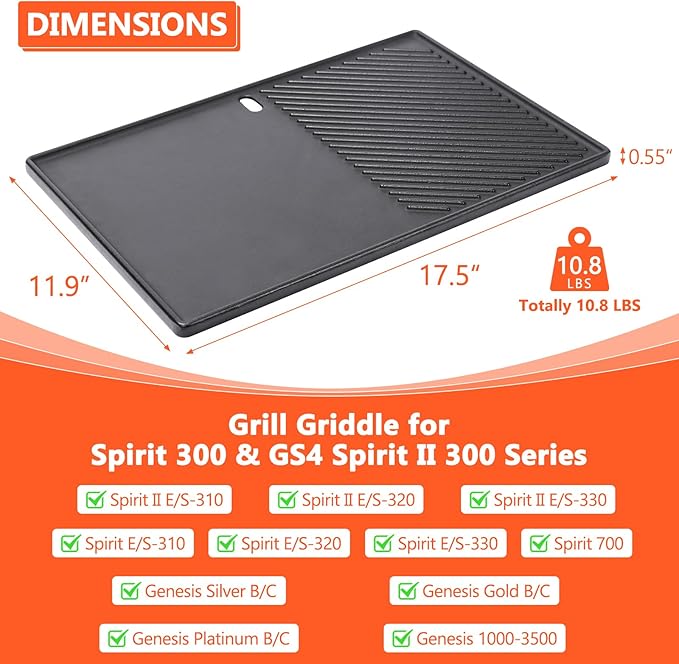 QuliMetal Reversible 7598 Griddle Replacement Parts for Weber Spirit 300 & GS4 Spirit II 300 Series Grills, Spirit E310, Genesis Silver Gold B C, Genesis 1000-5000 Cast Iron Griddle Plate 7658, 1 Pack