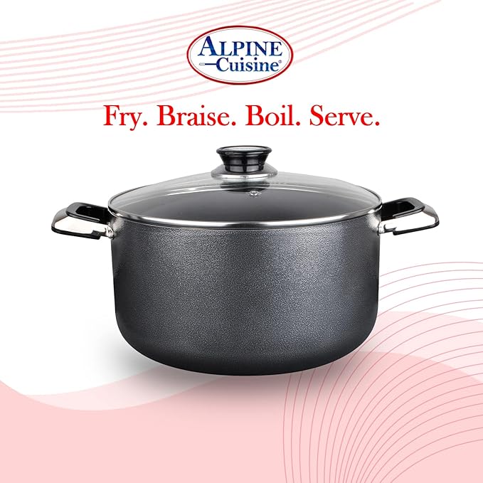 Alpine Cuisine 24 Quart Non-stick Stock Pot with Tempered Glass Lid and Carrying Handles, Multi-Purpose Cookware Aluminum Dutch Oven for Braising, Boiling, Stewing