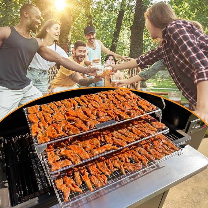 Jerky Racks for Barrel Style Pellet Grills, 21"W×17.2"L, 3 Tiered Foldable Sliding 830 in² Cooking Space Expansion Grate Accessory for Pit Boss, Traeger, Z Grill, Green Mountain and More Smoker Grills