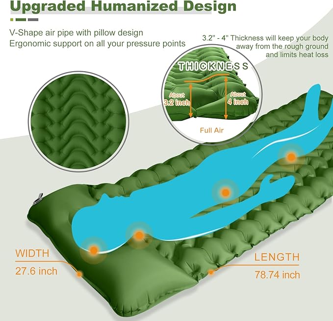 MEETPEAK Camping Sleeping Pad with Pillow, Extra Thickness Inflatable Camping Mat with Foot Pump, Durable Waterproof Lightweight Camping Air Mattress for Hiking Backpacking Traveling