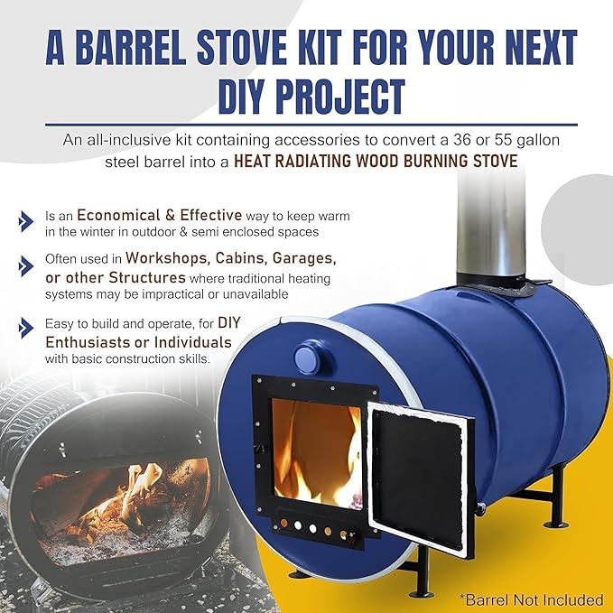 Barrel Stove Kit – Perfect for Wood Stove Kit for 55 Gallon Drum - Barrel Stove Door - Fire Wood Camp Stove Kit for Emergency Heating & Cooking
