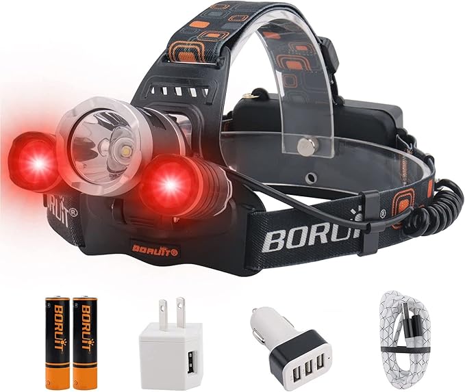 BORUIT RJ-3000 Headlamp with Red Light, 3 Modes Super Bright LED Head Lamps, USB C Rechargeabe, IPX4 Waterproof Headlight for Adults Hunting Fishing Camping