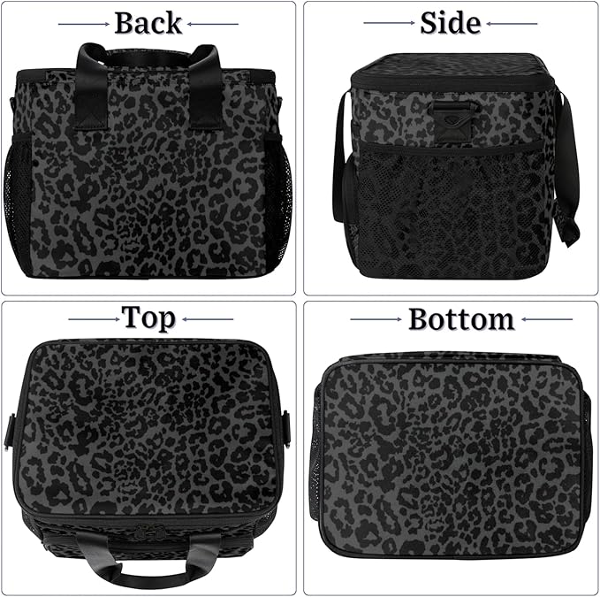 Soft Cooler Bag Black Leopard Print Insulated Lunch Box for Men & Women, Large Leakproof Lunch Bag Portable Beach Cooler for Work, Picnic, Road Trips,Fishing, Travel, Camping
