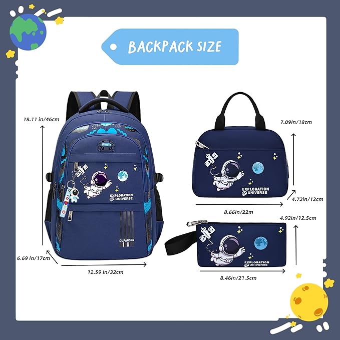 ZHANAO Backpack Set for Boys Astronaut Schoolbag with Lunch Box Pencil Case Set Bookbags for Kids Children Waterproof Lightweight Backpacks