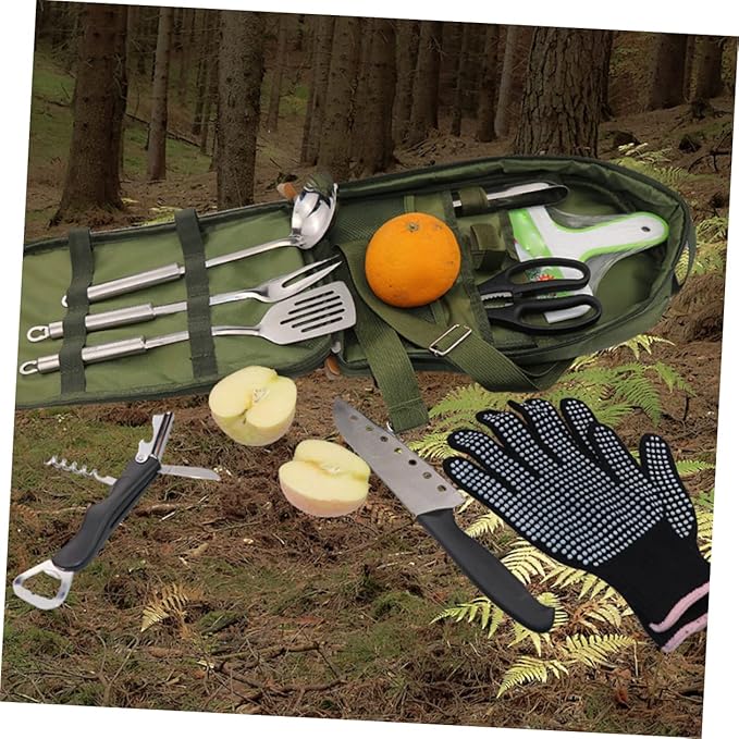 Portable Camping Cookware Set with Storage Bag Outdoor Tableware Kit for Hiking Picnics Includes Utensils and Cookware for Camping Supplies Olive Green