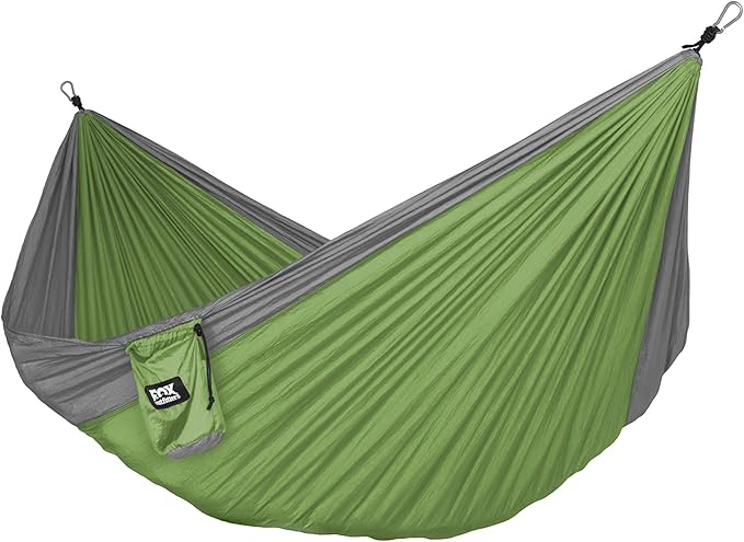 Fox Outfitters Neolite Double Camping Hammock - Lightweight Portable Nylon Parachute Hammock for Backpacking, Travel, Beach, Yard. Hammock Straps & Steel Carabiners Included (Grey/Lime Green)