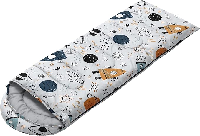 Kids Sleeping Bag for Boys Girls,Cartoon Spaceship Print-Lightweight Warm Portable Outdoor Indoor-Waterproof Cold Weather Resistant Sleeping Bag for Camping Hiking(Spaceship)