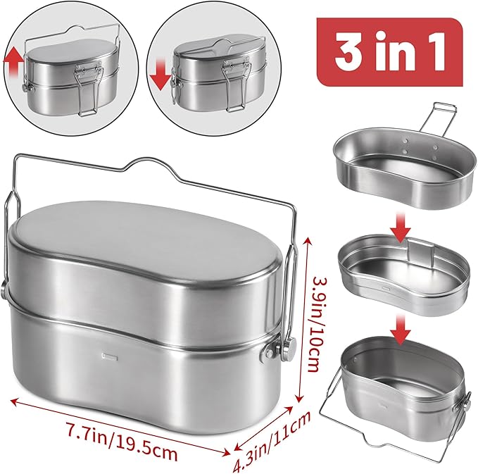 Goetland German Style M31 Military Mess Kit Mess Tin 304 Stainless Steel Backpacking Cookware Set Camping Pot Pan Set