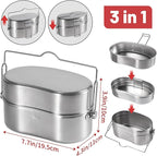Goetland German Style M31 Military Mess Kit Mess Tin 304 Stainless Steel Backpacking Cookware Set Camping Pot Pan Set