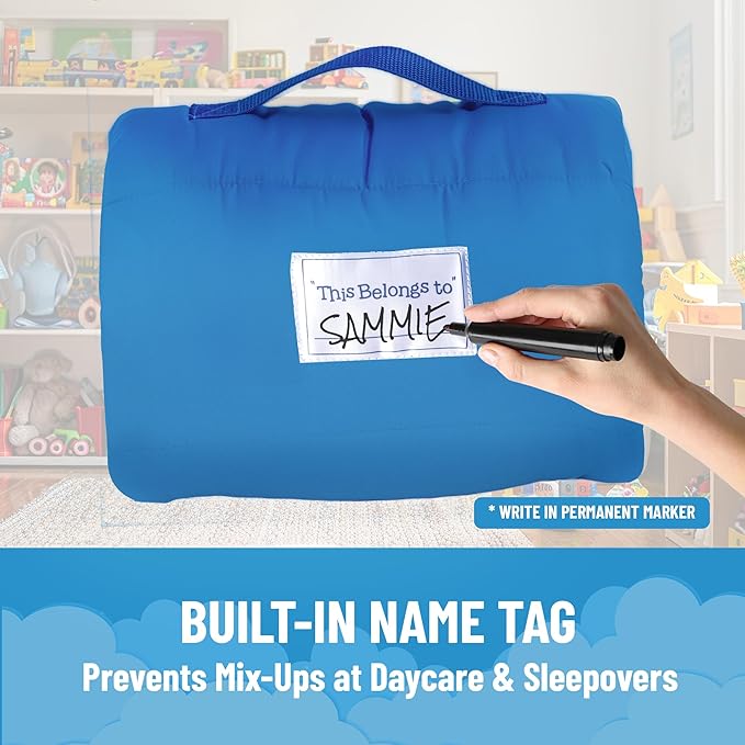 Jay Franco Kids Nap Mat with Embedded Pillow & Blanket – Soft 46"x20" Microfiber Sleeping Bag with Name Tag & Handle for School, Travel, Sleepover