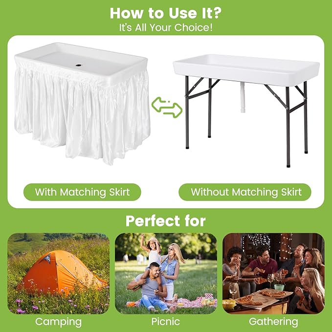 Giantex 4 FT Folding Ice Cooler Table with Drain & Bucket, Removable Skirt, No Assembly, Portable Fill and Chill Table for Food Drink Beverage, Foldable Party Ice Bin for Camping BBQ, White