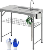 Outsunny Folding Fish Cleaning Table with Sinks, Portable Camping Sink Table, Gray