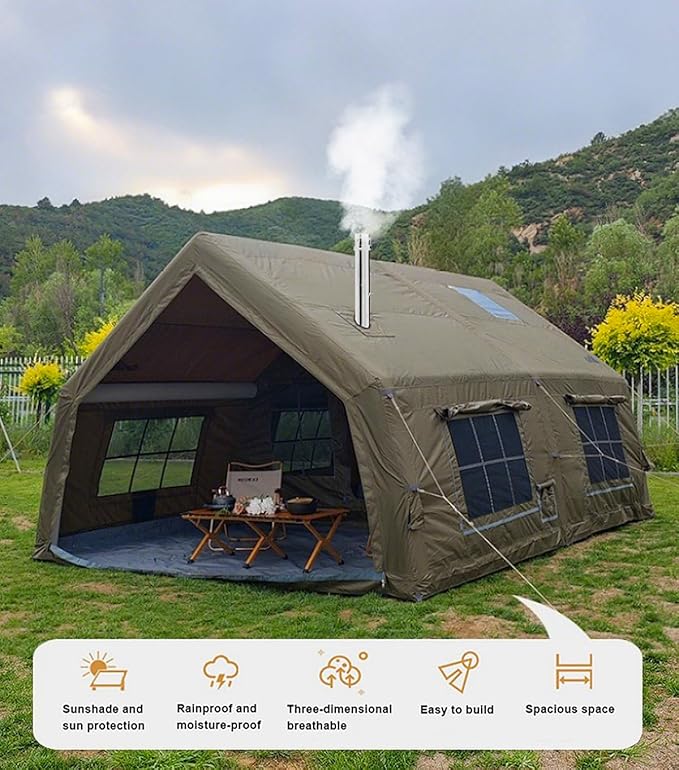 4 Season Air Tent Glamping Tent with Separate Living and Sleeping Area,Waterproof Pop-Up Outhouse Yurt with Pump and Stove Jack Hole, 8-10 Person Camping Quick Set Up