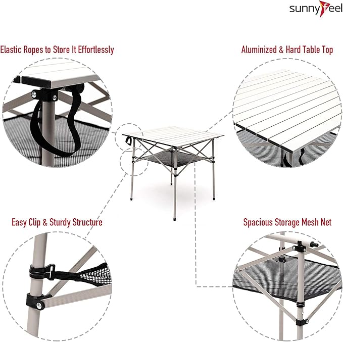 SUNNYFEEL Aluminum Folding Table for Camping, Lightweight Roll Up Top, Portable Camp Tables with Carry Bag for Outdoor Picnic (Square, Gray)