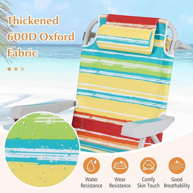 GYMAX Beach Chair, 330lbs Backpack Lounger with 5-Position Backrest, Storage Bag, Side Pocket, Towel Bar & Headrest, Foldable Low Beach Lounge, Portable Aluminum Lay Out Camp Chair (Colourful,1)