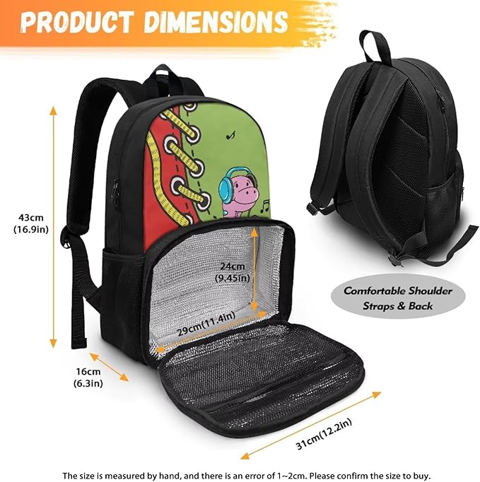 Insulated Cooler Lunch Box Backpack for Little Kids, All In One Backpack Meal Bag Teens Bookbag Primary Middle School Daypack, Laptop Bag Insulated Meal Cooler Box, Music Dinosaur