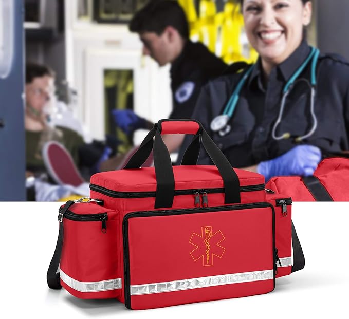 Trunab Emergency Responder Trauma Bag Empty, Professional First Aid Kits Storage Medical Bag with Inner Dividers and No-Scratch Bottom, Ideal for EMT, EMS, Paramedics, Red, BAG ONLY