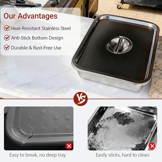 Stainless Steel Grill Prep with Lids –Serve Tray Grill Carry System for Large Food Prep, Marinating Containers, Oven Roasting, and Serving