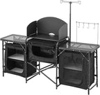 VEVOR Camping Kitchen Table, Outdoor Camp Cooking Table, Aluminum Portable Cook Station with 3 Storage Cupboard, Carrying Bag, Detachable Windscreen, Quick Set-up for BBQ Party Picnic RV Travel, Black