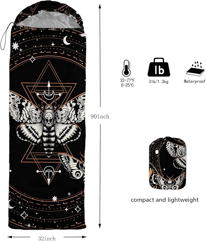 HOSIMA Butterfly Sleeping Bags for Adults and Kids for Camping,Black Gothic Ultralight Sleeping Bag for Cold Weather Summer.