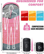 Single Sleeping Bag for Adults Kids 3-Season, Lightweight Waterproof Ripstop, Dual Zipper Bottom Vent, Compression Sack, Portable Camping Hiking Backpacking Gear