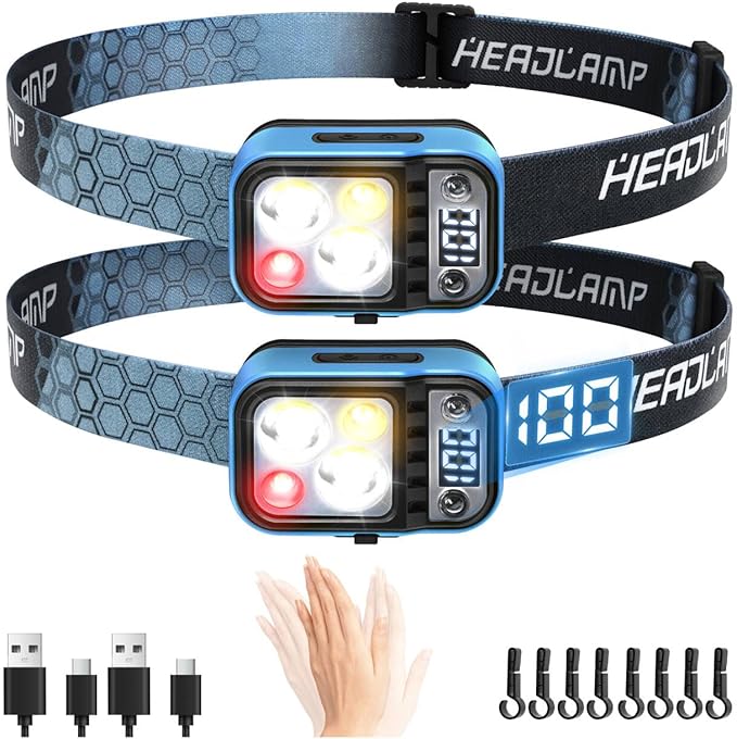 DARKDAWN 5 Modes Head Light Flashlight,Headlamp Rechargeable LED, USB C Headband Flashlight with Motion Sensor，Digital Power Display，Up/Down Adjustable, for Camping, Car Repairing, 2PCS Pack