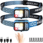 DARKDAWN 5 Modes Head Light Flashlight,Headlamp Rechargeable LED, USB C Headband Flashlight with Motion Sensor，Digital Power Display，Up/Down Adjustable, for Camping, Car Repairing, 2PCS Pack