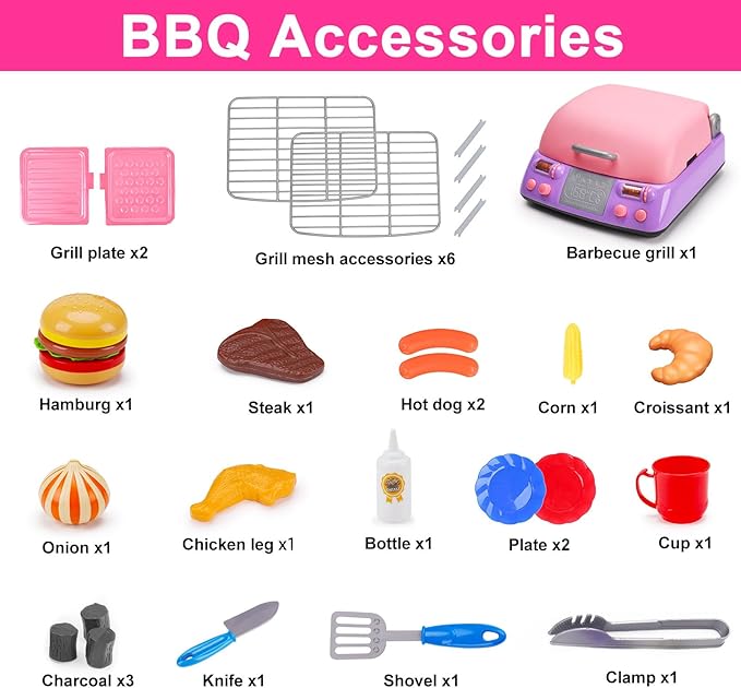 Kids BBQ Grill Playset Kitchen Toy Set with Pretend Smoke Sound Light Toddler Girls Pink Play Food Ages 3-5 4-8 Indoor Outdoor Cooking Barbecue Toys for 3 4 6 Year Old Girl Birthday Gift