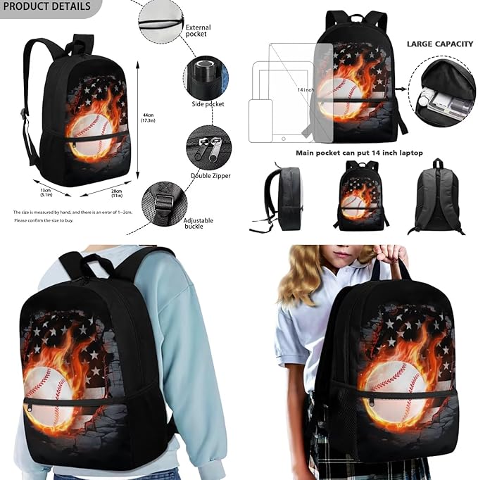 Rnyleeg Fire Baseball Backpack for Boys 6-8 Novelty Kids Bookbag Set with Lunch Bag Lightweight 3-Piece Book Bag Set for Elementary School Travel Backpack