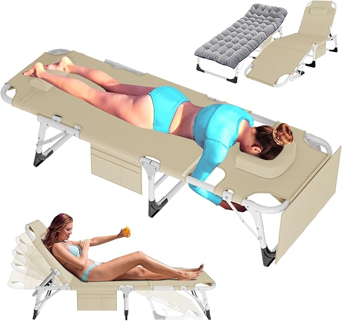 ABORON Patio Lounge Chair, Folding Guest Bed Cot for Adults, 500LB Heavy-Duty Capacity, Portable Extra Bed with Comfort Mat, Quick Fold Design for Indoor Guest Stays & Temporary Use