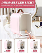 Mini Fridge for Bedroom, 4 Liter/6 Can Skincare Fridge With LED Mirror,12v AC/DC Cooler & Warmer Portable Small Refrigerator for Drinks, Makeup, Dorm, Office and Car(Pink)