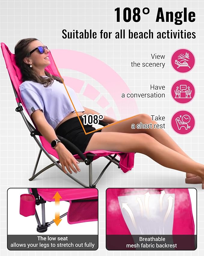 KingCamp Low Beach Chairs, Folding Portable Chair for Adults Lightweight Extra Wide Seat 300lbs Heavy Duty Oversized Backpack, Carry Bag for Camping