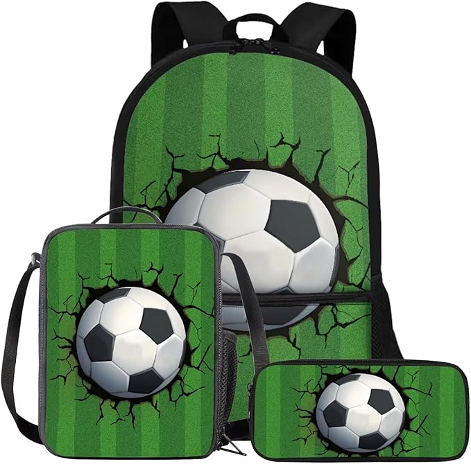Rnyleeg Football Backpack for Boys 8-12 Green Kids Backpack with Lunch Bag Lightweight 3 Piece Book Bag Set for Elementary School Back to School Supplies Set