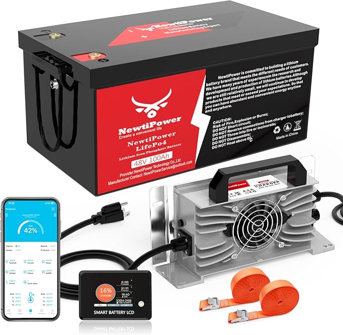 48V 100Ah Golf Cart LiFePO4 Battery with Charger&Monitor, 5120Wh Lithium Battery with 200A BMS, Up to 10000+ Rechargeable Cycles, Perfect for Golf Cart, Solar Power Storage (48V*100Ah)
