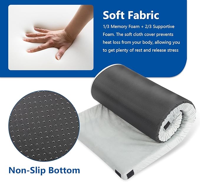 Memory Foam Camping Mattress Pad, Camping Essentials, Portable Mat, Guest Bed for Sleepover Car, Roll Up Floor Bed for Tent, Cot, Truck, SUV, Outdoor Travel with Travel Bag
