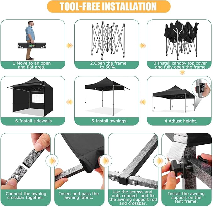 COBIZI 10x10 Pop Up Canopy Tent with Awning,Heavy Duty Canopy UPF 50+ All Season Wind Waterproof Commercial Outdoor Street Vendors Party Tents for Parties Canopy with Carry Bag(10 x 10 ft Black)
